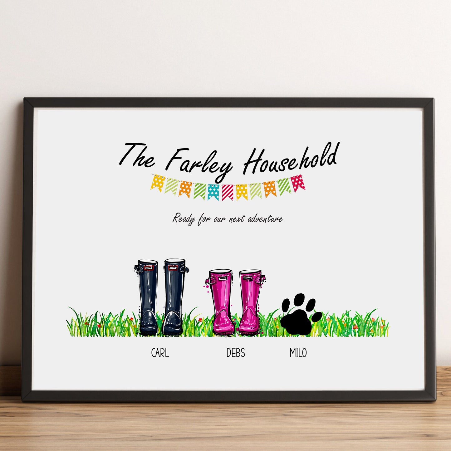 Personalised Family Welly Print | Framed Family Wellies Print | Custom Family Portrait | Paper Anniversary Gifts | Family Shoes Print