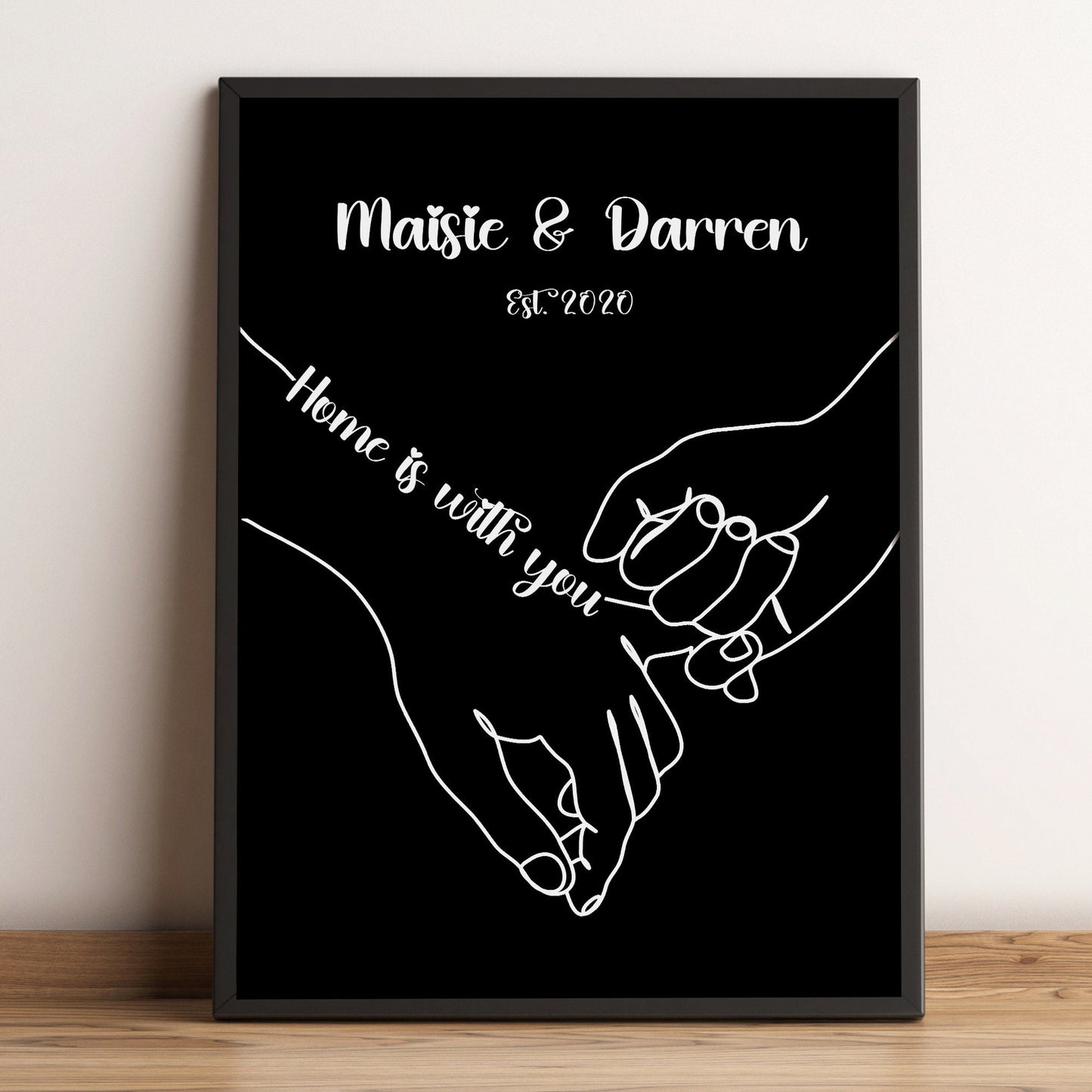 Personalised Couples Hands, Custom Anniversary gift, Framed Line Drawing of Two Hands holding, Paper Anniversary Print, Custom Names