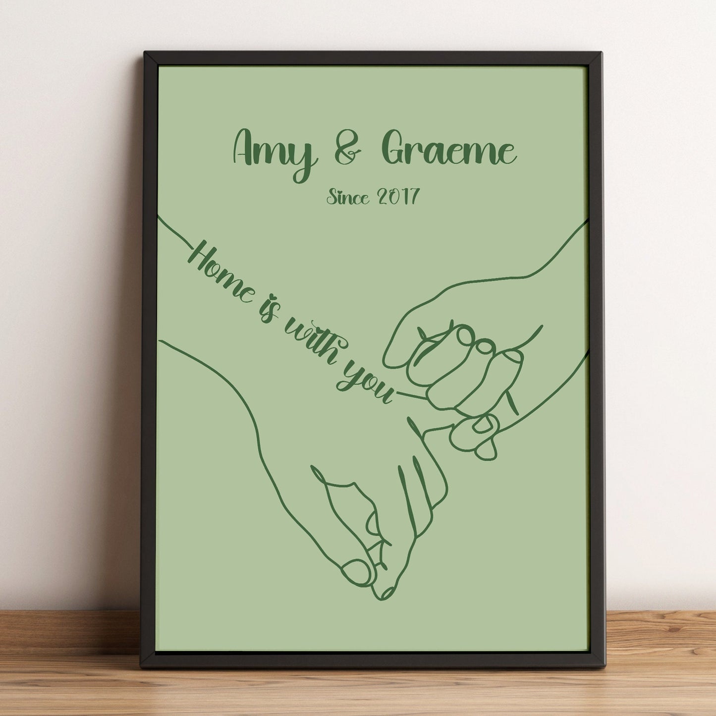Personalised Couples Hands, Custom Anniversary gift, Framed Line Drawing of Two Hands holding, Paper Anniversary Print, Custom Names