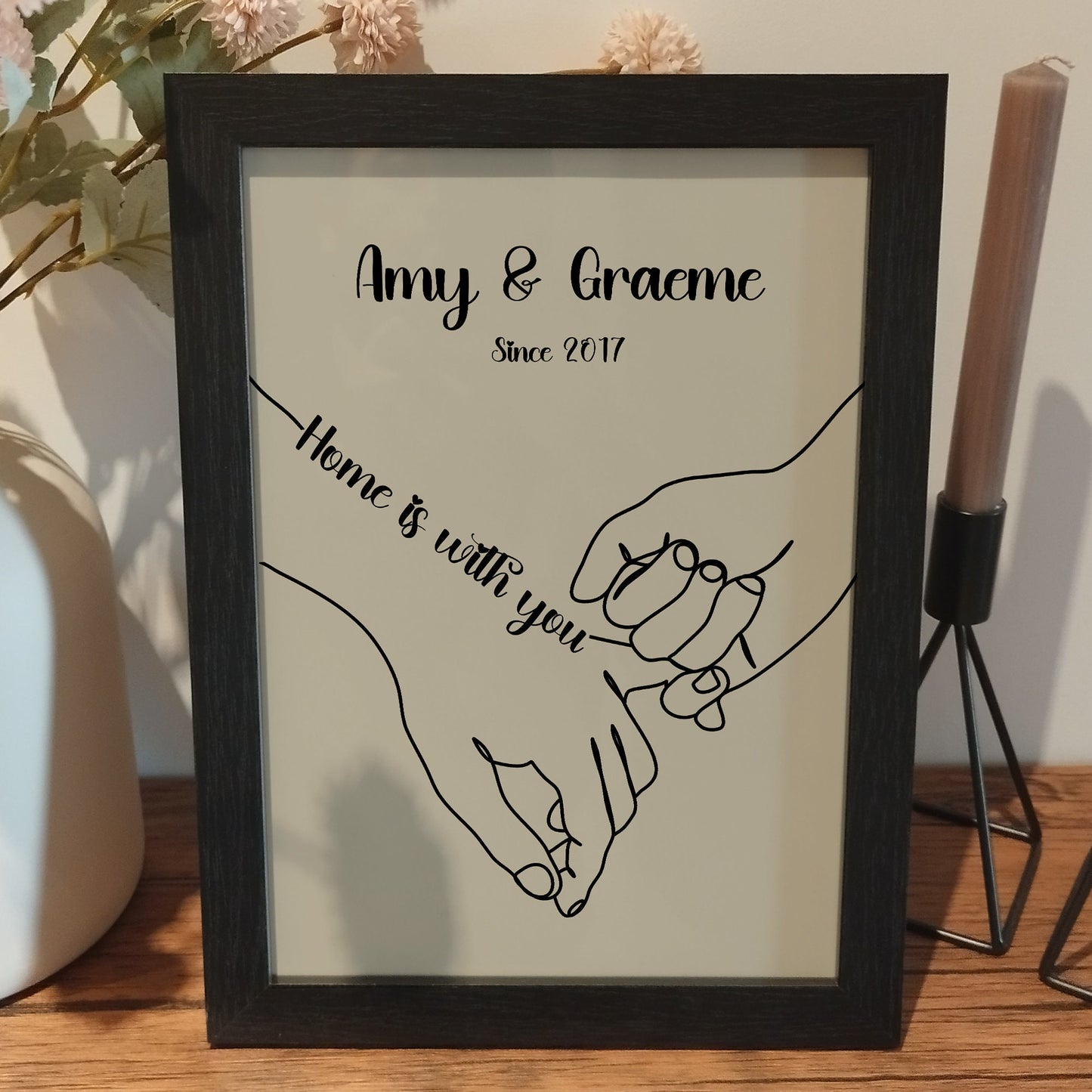 Personalised Couples Hands, Custom Anniversary gift, Framed Line Drawing of Two Hands holding, Paper Anniversary Print, Custom Names