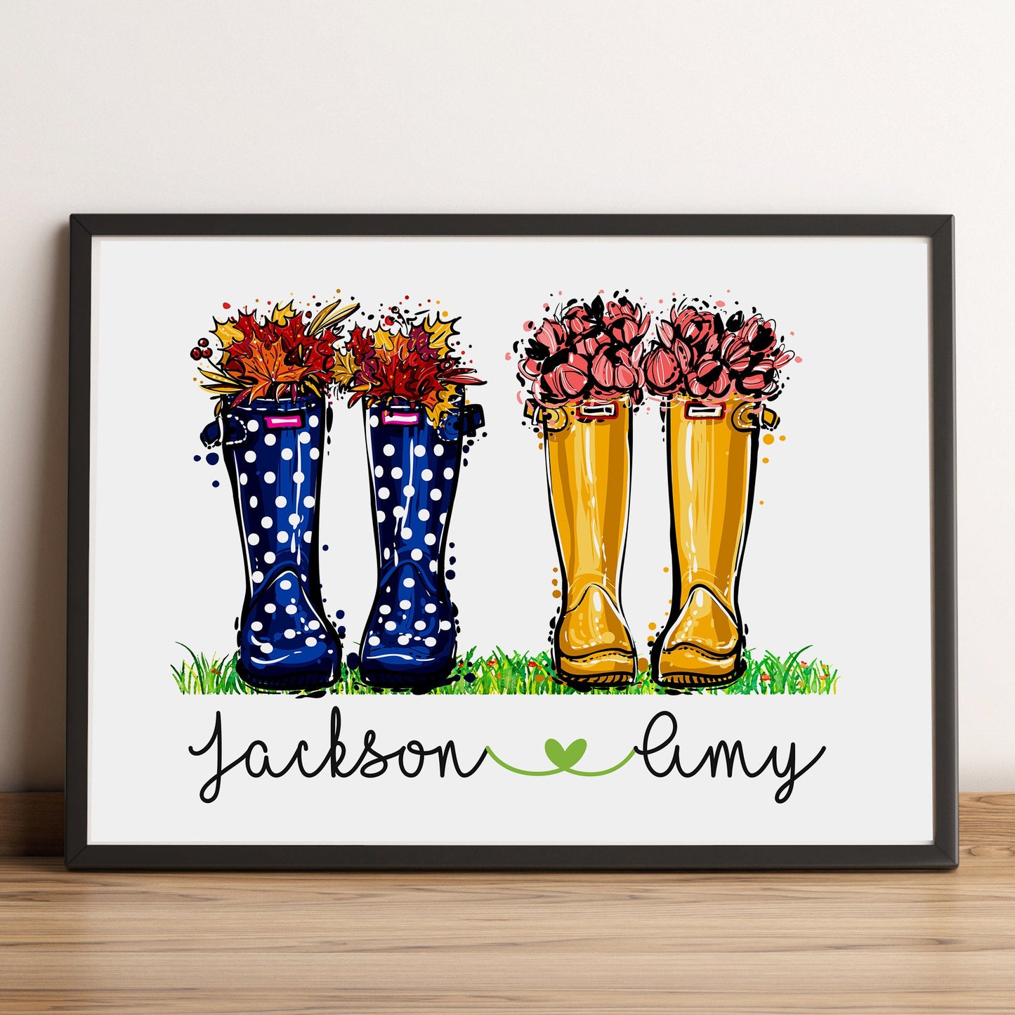 Personalised Wellies Print | Custom Family Shoes Print | Unique Welly Boot Print | Paper Anniversary | Romantic Gifts for Her