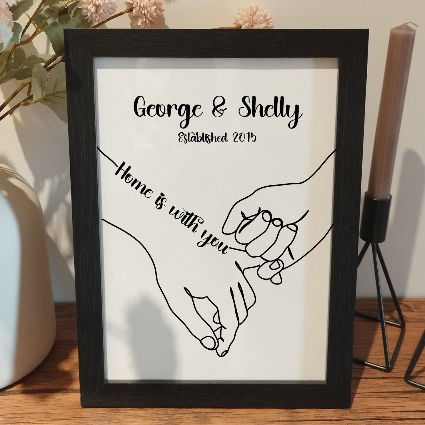 Personalised Couples Hands, Custom Anniversary gift, Framed Line Drawing of Two Hands holding, Paper Anniversary Print, Custom Names