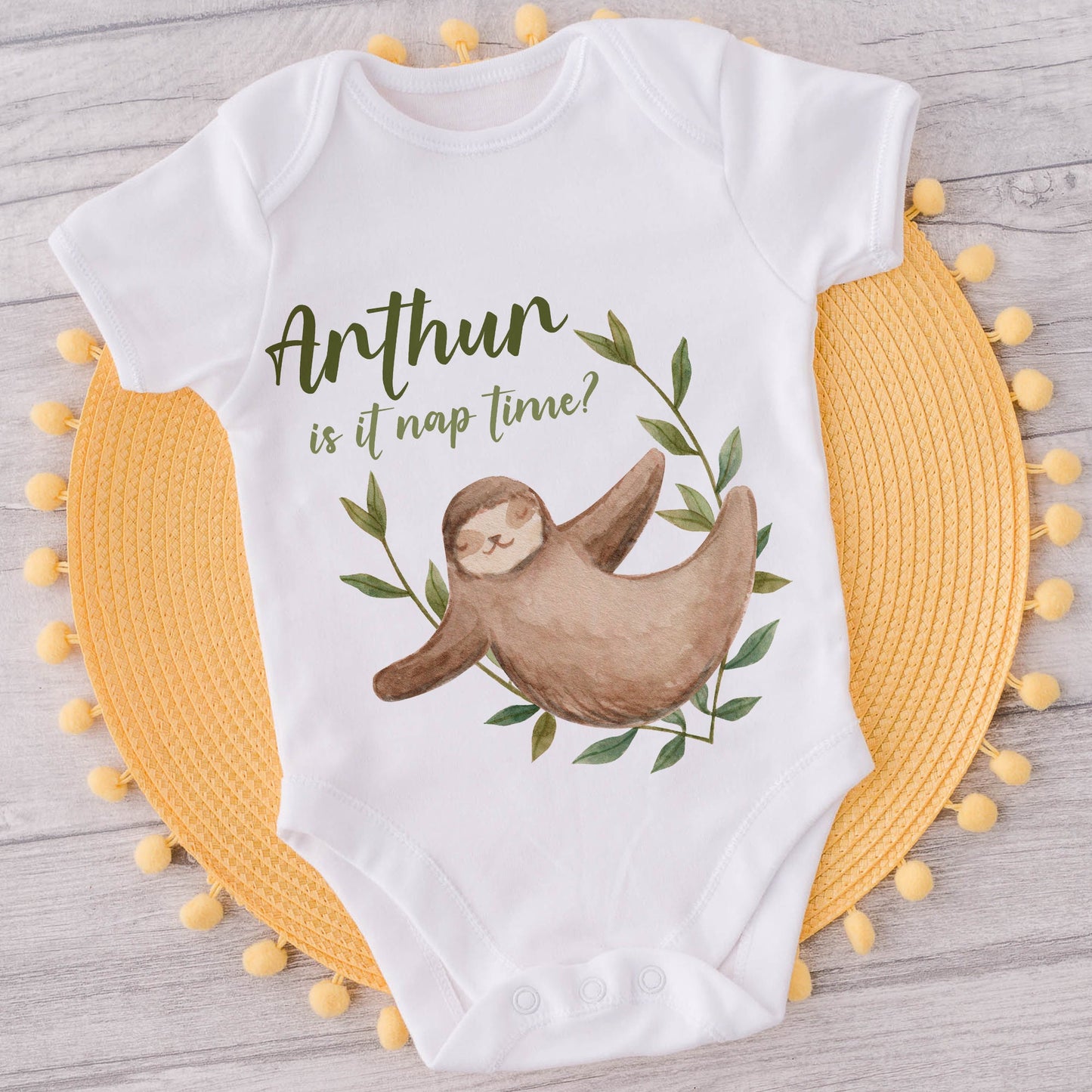Custom Sloth Babygrow, Personalised Sloth Infant Onesie, New Born Baby Bodysuit, Personalised Baby Grow, Mothers Day Gift, Christening Gift