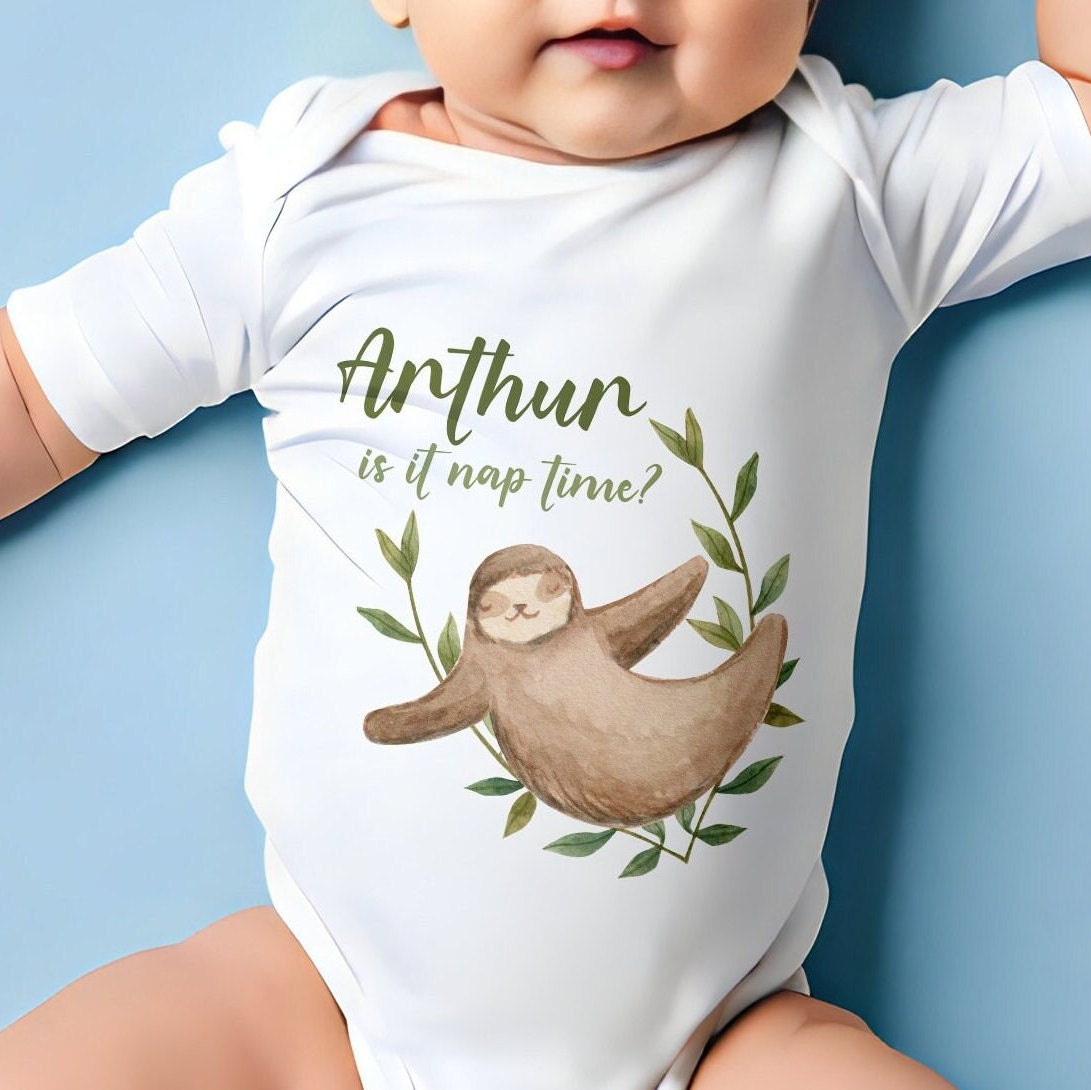 Custom Sloth Babygrow, Personalised Sloth Infant Onesie, New Born Baby Bodysuit, Personalised Baby Grow, Mothers Day Gift, Christening Gift