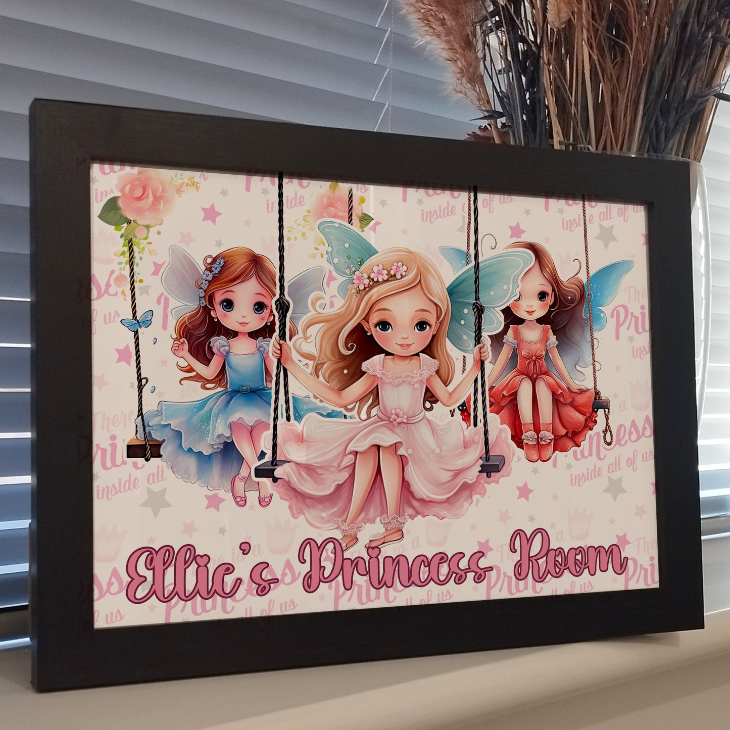 Custom Princess Name Wall Art Print, Colourful Kids Room Decor, Girls Childrens Bedroom Framed Print, Personalised Princess Bedroom Print