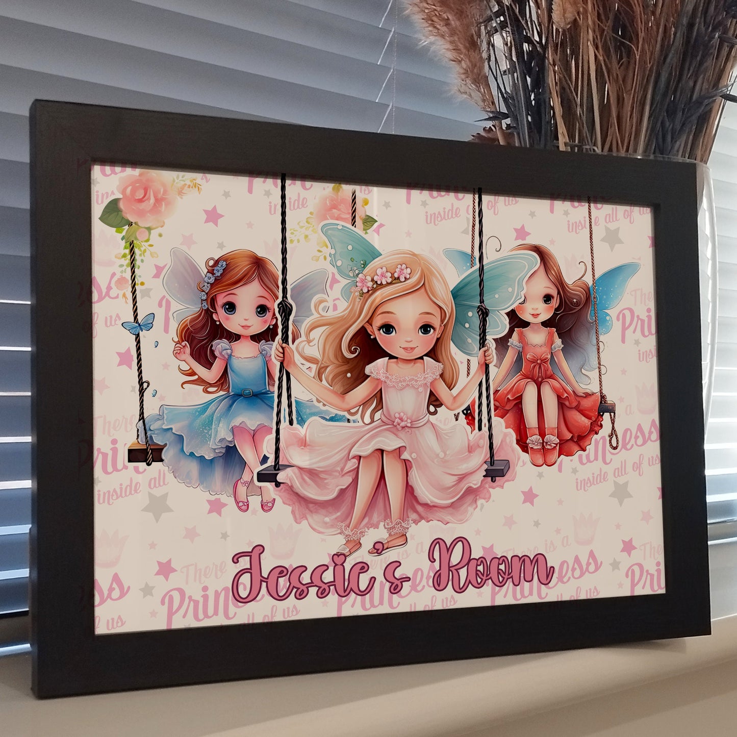 Custom Princess Name Wall Art Print, Colourful Kids Room Decor, Girls Childrens Bedroom Framed Print, Personalised Princess Bedroom Print