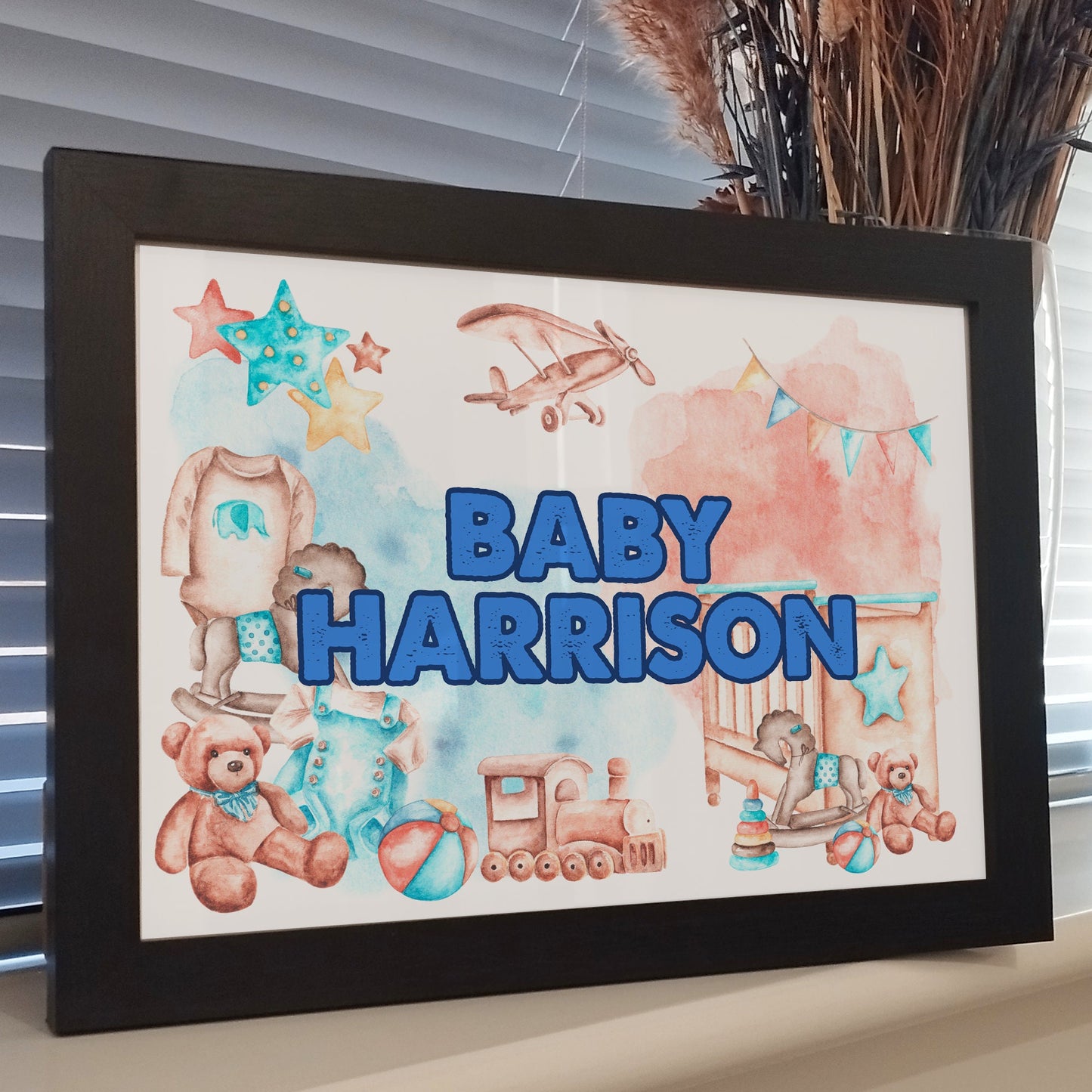 Personalised Boys Name Print, Custom Kids Bedroom Wall Print, Nursery Room Decor, Boys Childrens Toys Framed Print, Newborn Baby Print