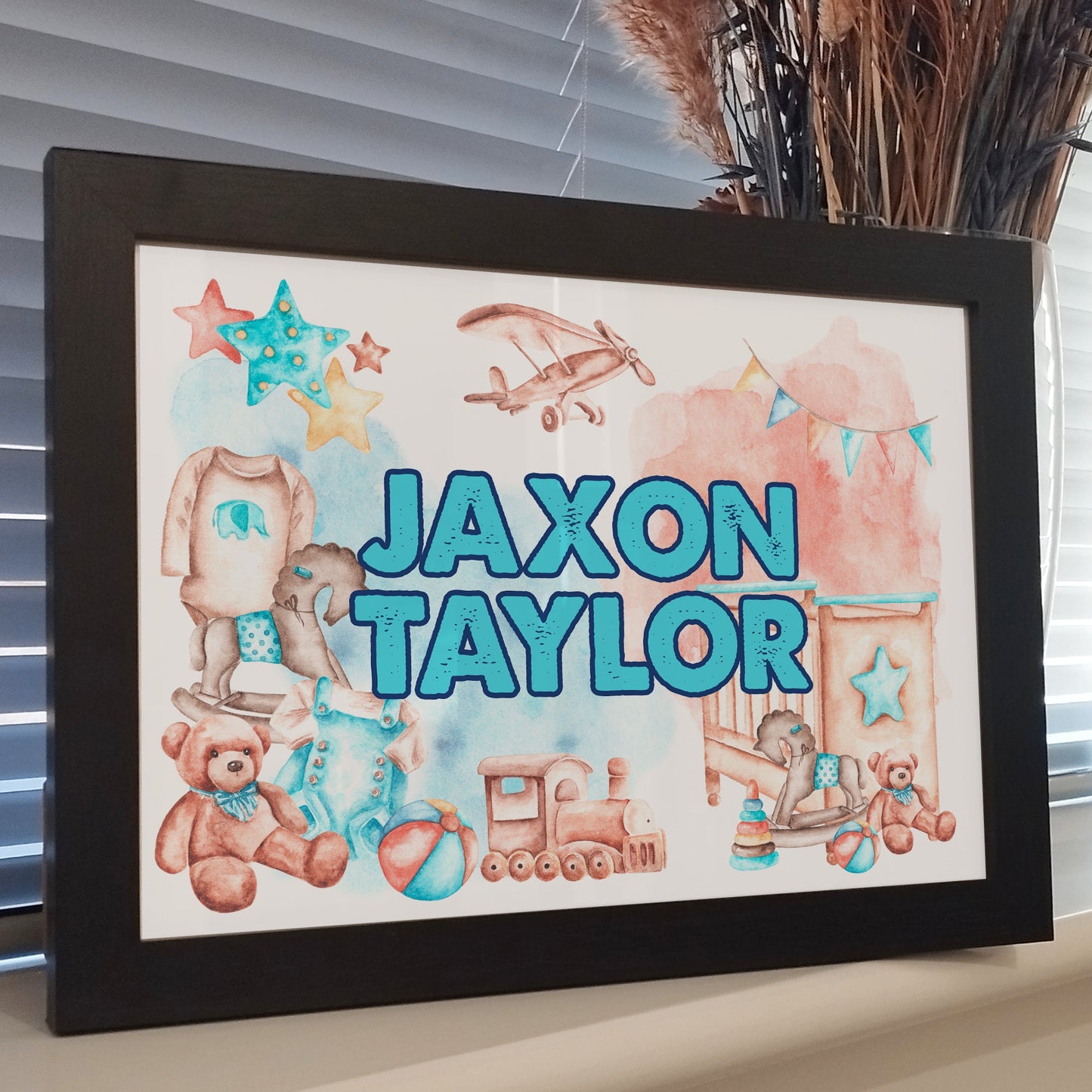 Personalised Boys Name Print, Custom Kids Bedroom Wall Print, Nursery Room Decor, Boys Childrens Toys Framed Print, Newborn Baby Print