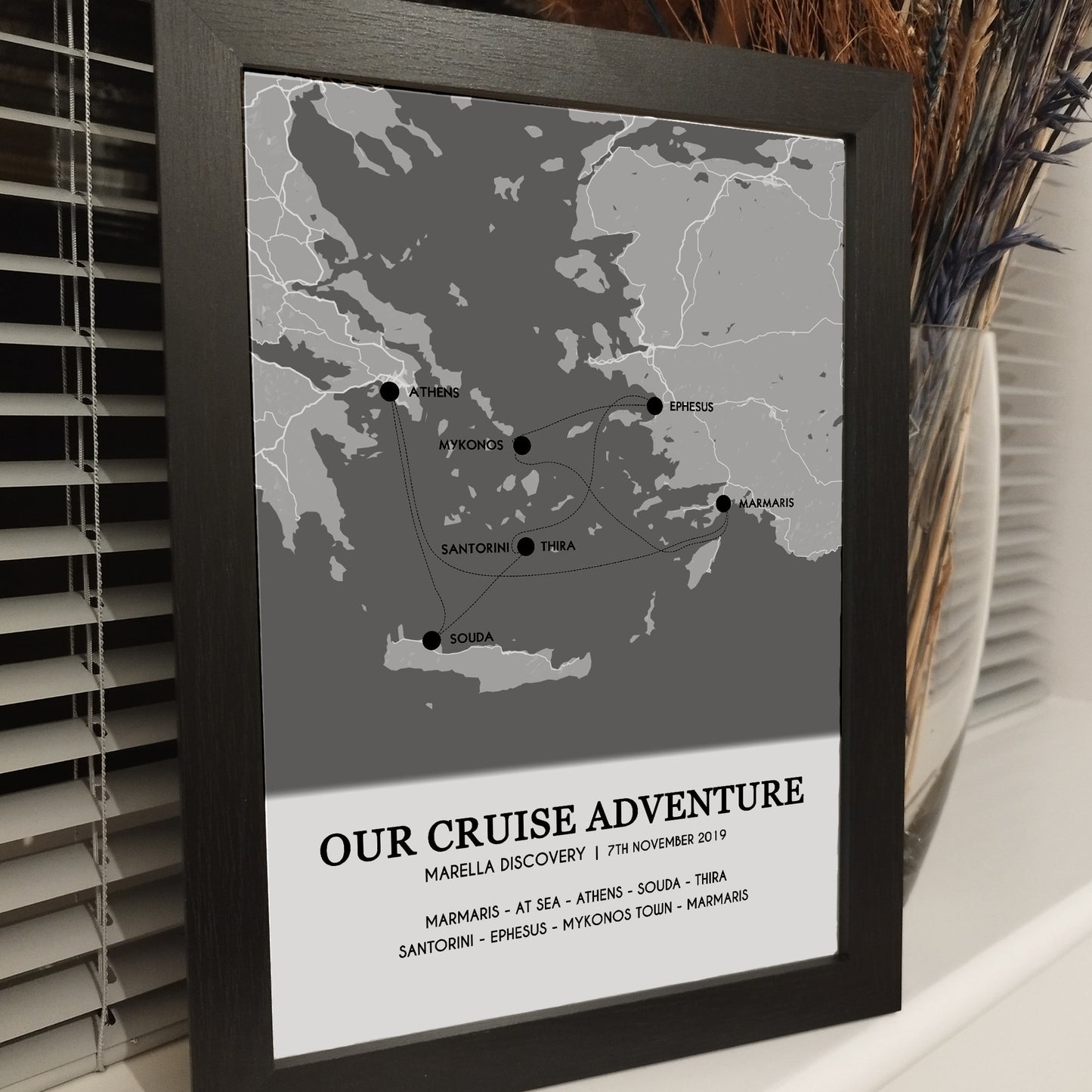 Custom Cruise Holiday Map Gift for Couples | Personalised Cruise Ship Ports Map Wall Art Anniversary Print for Her Wife Him Husband