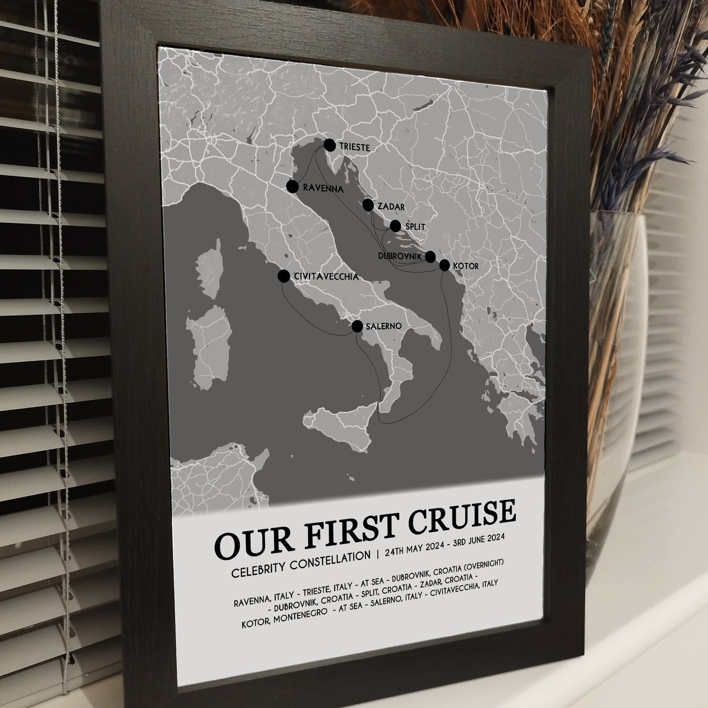 Custom Cruise Holiday Map Gift for Couples | Personalised Cruise Ship Ports Map Wall Art Anniversary Print for Her Wife Him Husband