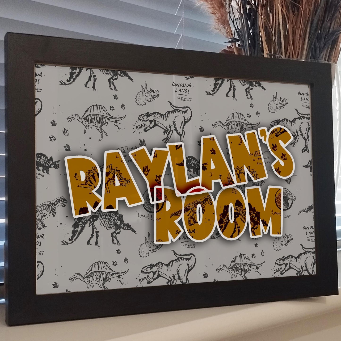 Personalised Name Dinosaur Wall Art Print, Colourful Dino Theme Kids Room Decor, Boys Girls Childrens Bedroom Jurassic Framed Print