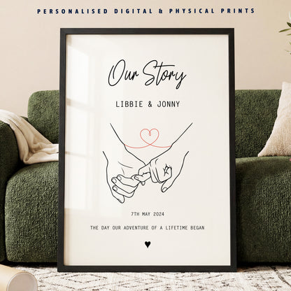 Personalised Our Story Print for Couples | Custom Anniversary Gift, Mr & Mrs Holding Hands Keepsake