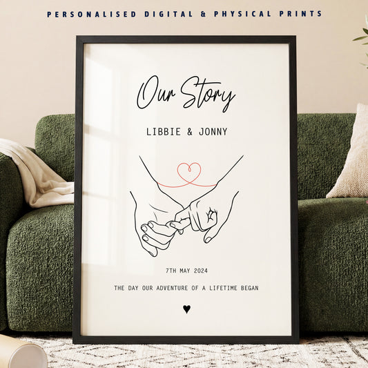 Personalised Our Story Print for Couples | Custom Anniversary Gift, Mr & Mrs Holding Hands Keepsake