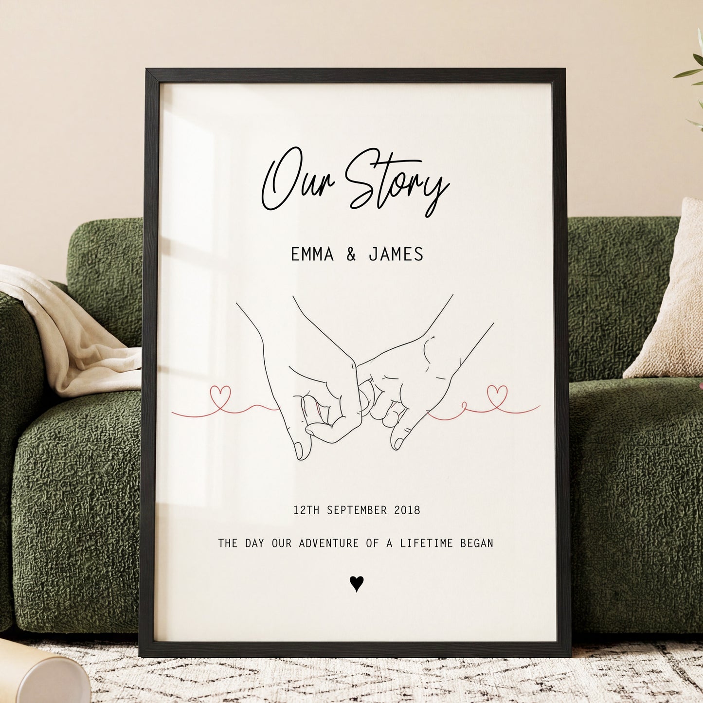 Personalised Our Story framed print with couple hand holding line art, names and special date romantic wall art gift