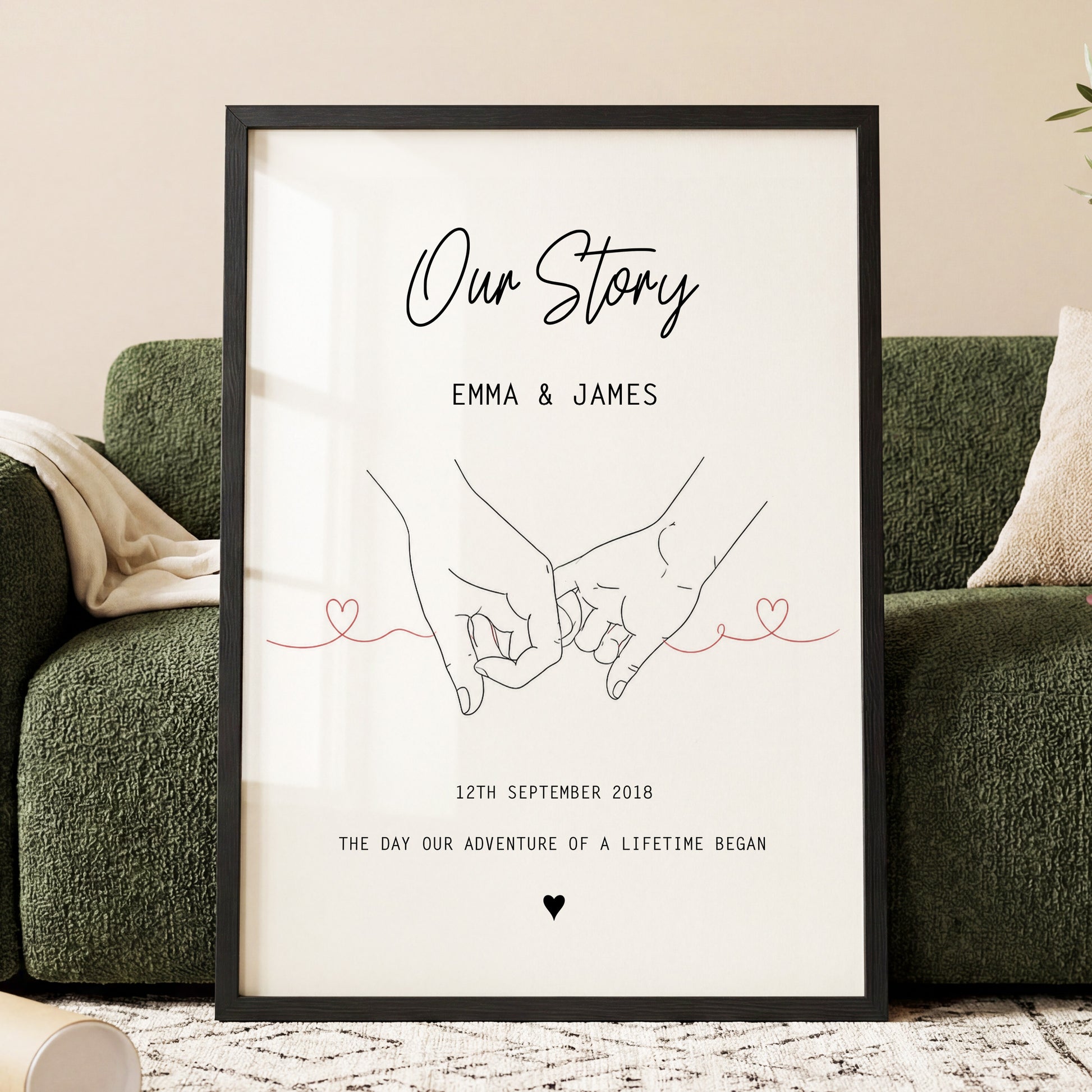 Personalised Our Story framed print with couple hand holding line art, names and special date romantic wall art gift
