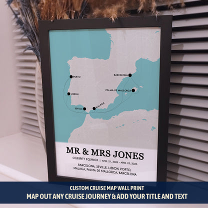 Custom Cruise Map Gift for Couples | Personalised Cruise Ship Ports Map Holiday Wall Art, Anniversary Print for Her Wife Him Husband