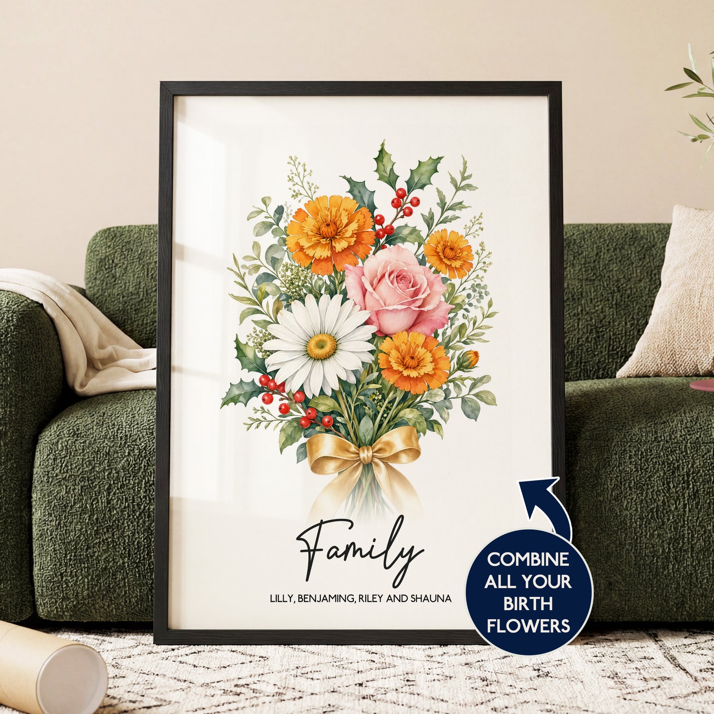 Personalised family birth flower bouquet framed print with custom names botanical wall art gift