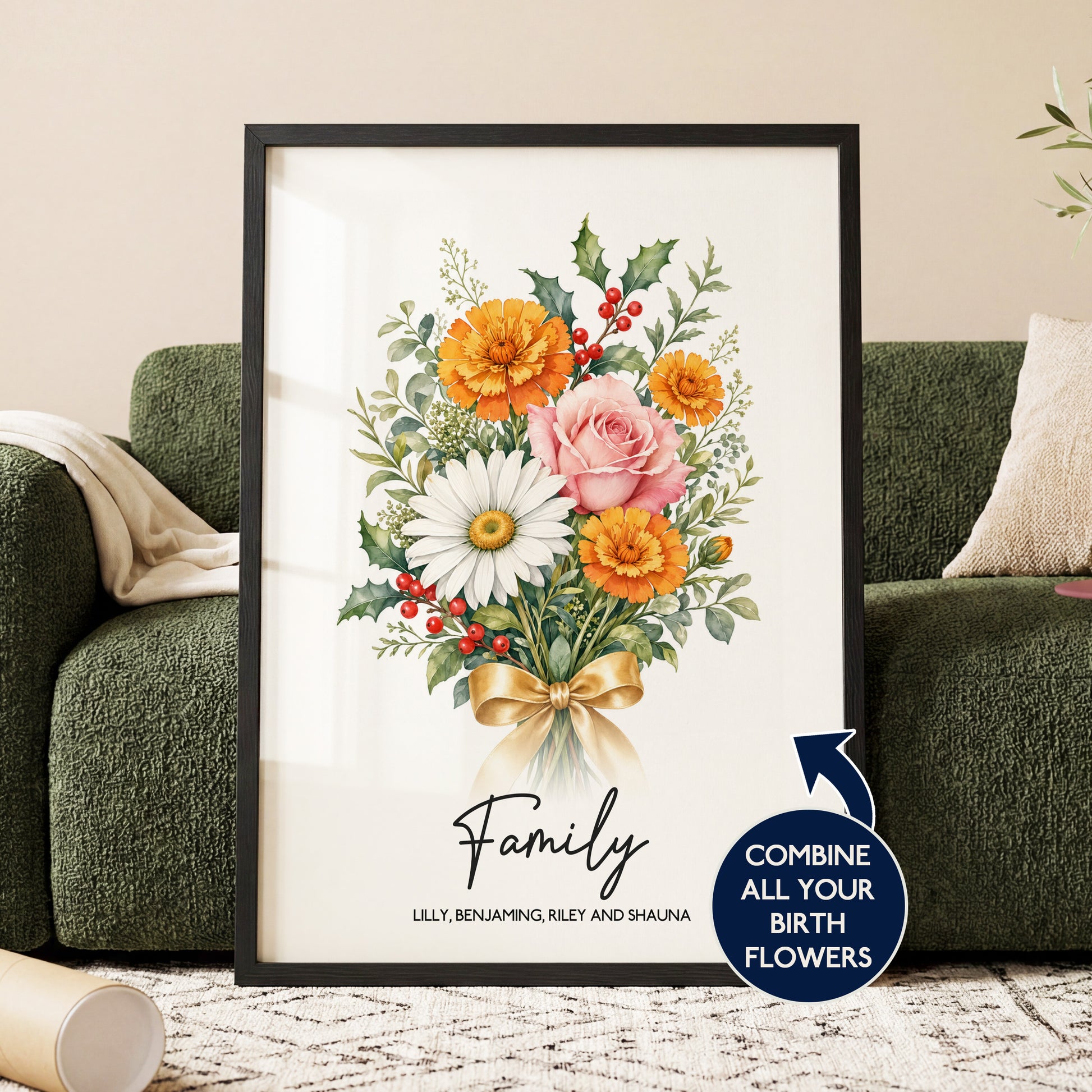 Personalised family birth flower bouquet framed print with custom names botanical wall art gift