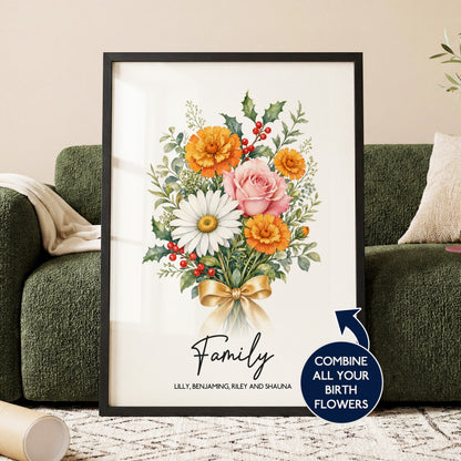 Personalised family birth flower bouquet framed print with custom names botanical wall art gift