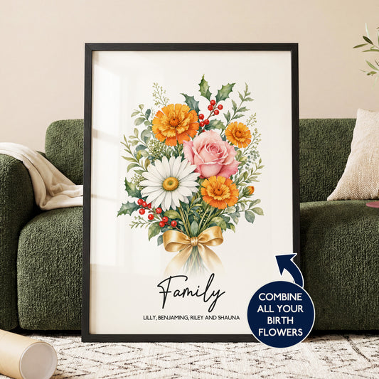 Personalised family birth flower bouquet framed print with custom names botanical wall art gift
