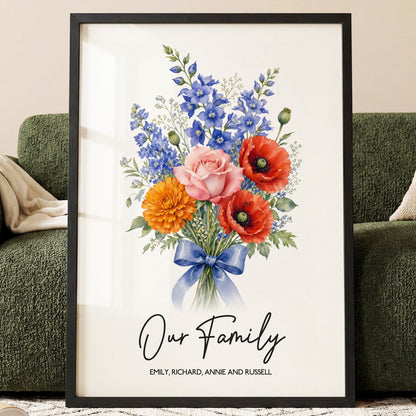 Personalised Family Birth Flower Bouquet Print – Custom Floral Wall Art Gift