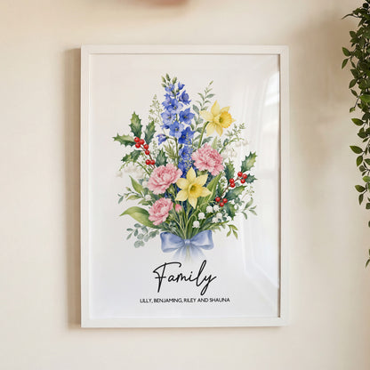 Personalised Family Birth Flower Bouquet Print – Custom Floral Wall Art Gift