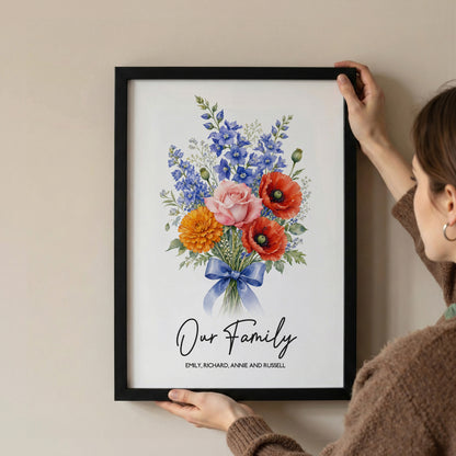 Personalised Family Birth Flower Bouquet Print – Custom Floral Wall Art Gift