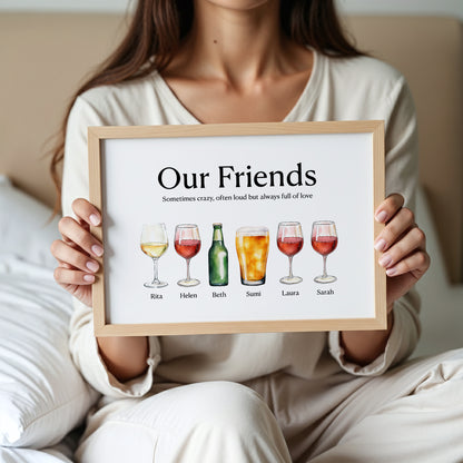 Personalised Friends Drinks Print – Custom Friendship Wall Art Gift with Names