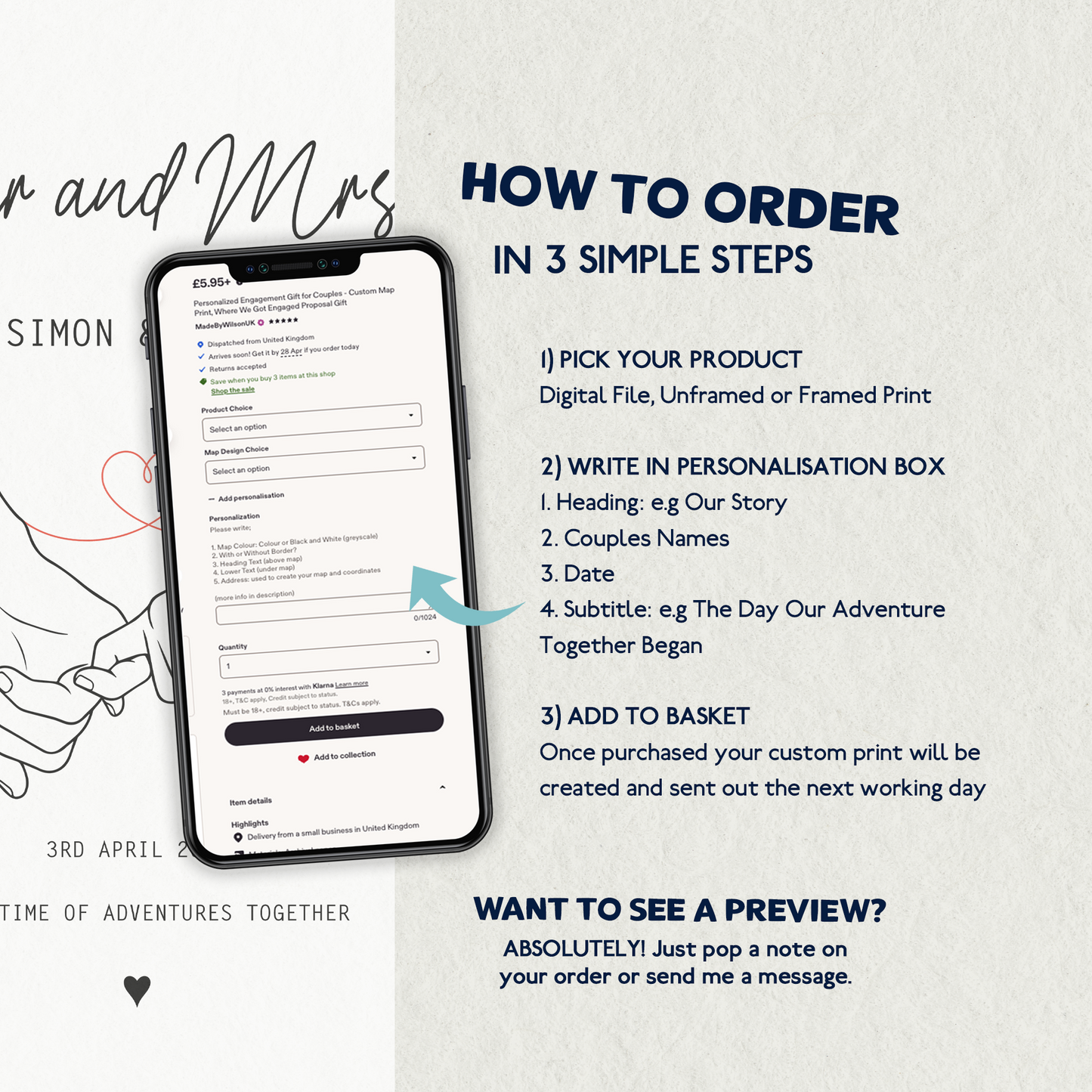 Personalised Our Story Print for Couples | Custom Anniversary Gift, Mr & Mrs Holding Hands Keepsake