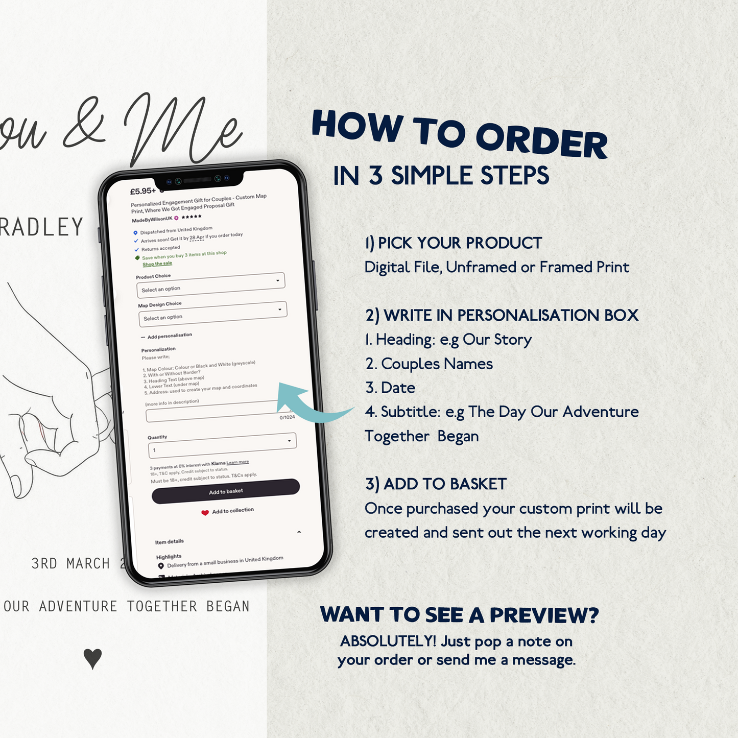 Personalised Our Story Print for Couples | Custom Anniversary Gift, Mr & Mrs Holding Hands Keepsake