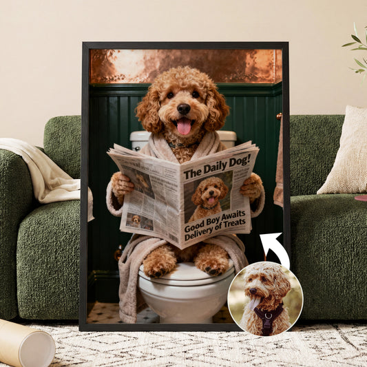 Personalised funny dog portrait framed print featuring custom pet reading newspaper wall art gift