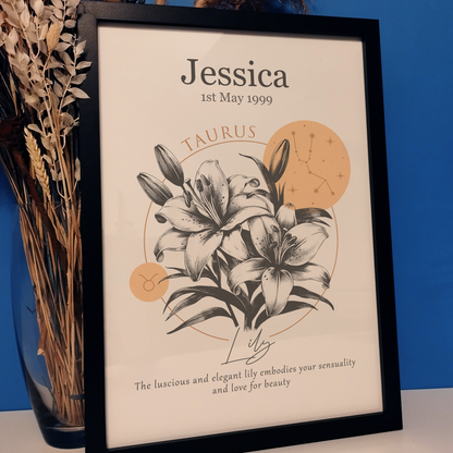 Zodiac Birth Flowers Print Gift for Her | Custom Star Sign Home Print | Personalised Birthflower Wall Art | Romantic Birthday Gift for Wife