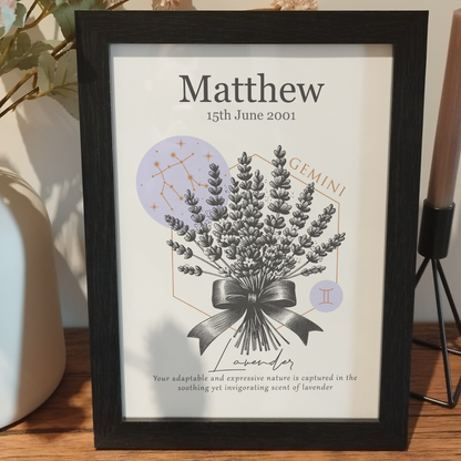 Zodiac Birth Flowers Print Gift for Her | Custom Star Sign Home Print | Personalised Birthflower Wall Art | Romantic Birthday Gift for Wife