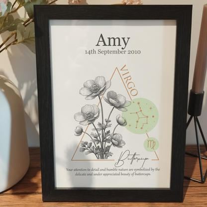 Zodiac Birth Flowers Print Gift for Her | Custom Star Sign Home Print | Personalised Birthflower Wall Art | Romantic Birthday Gift for Wife