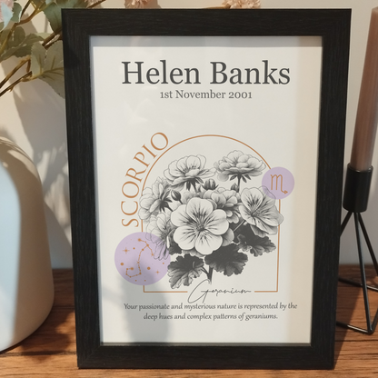 Zodiac Birth Flowers Print Gift for Her | Custom Star Sign Home Print | Personalised Birthflower Wall Art | Romantic Birthday Gift for Wife