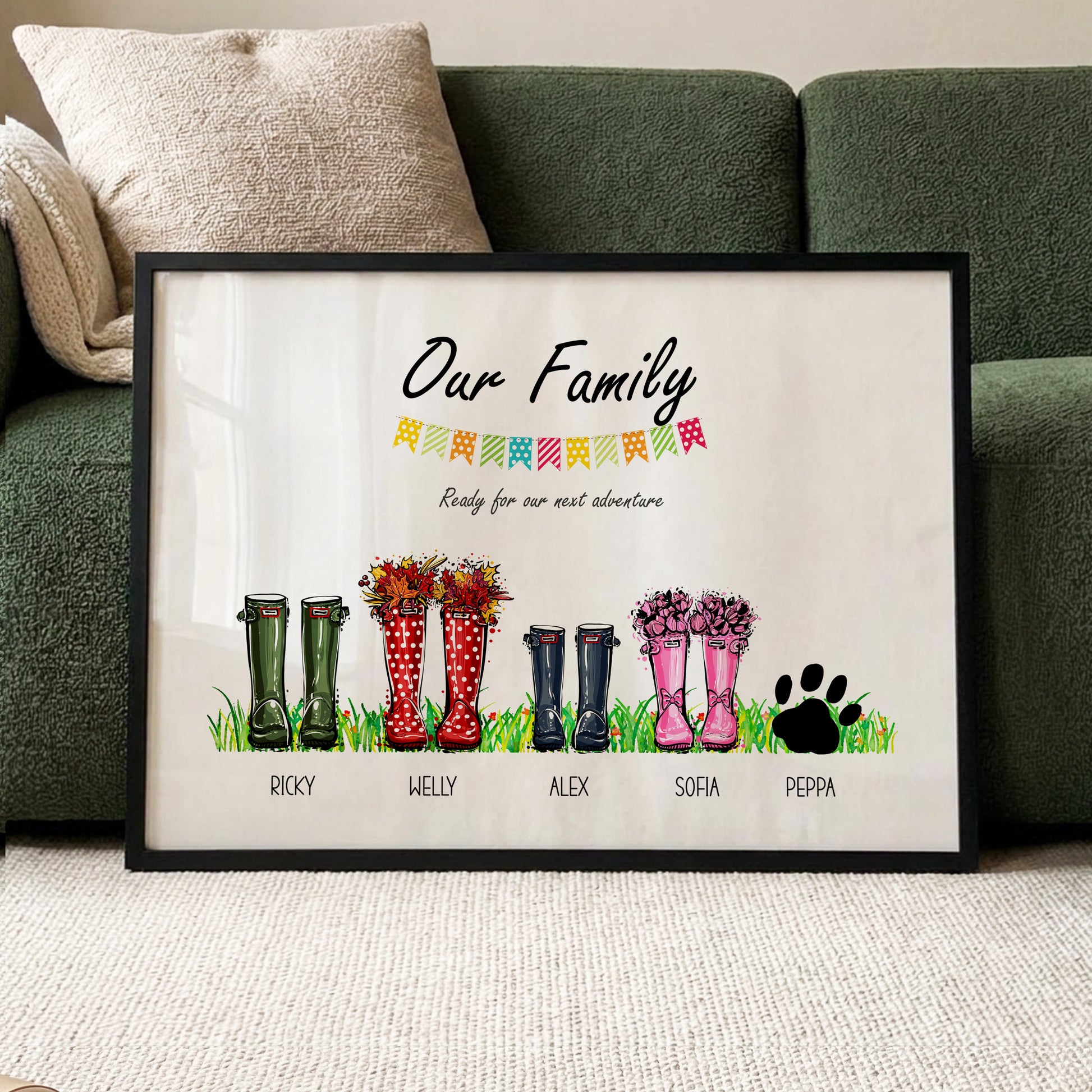 Personalised family welly boots framed print with custom names and pet paw wall art gift