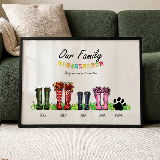 Personalised family welly boots framed print with custom names and pet paw wall art gift