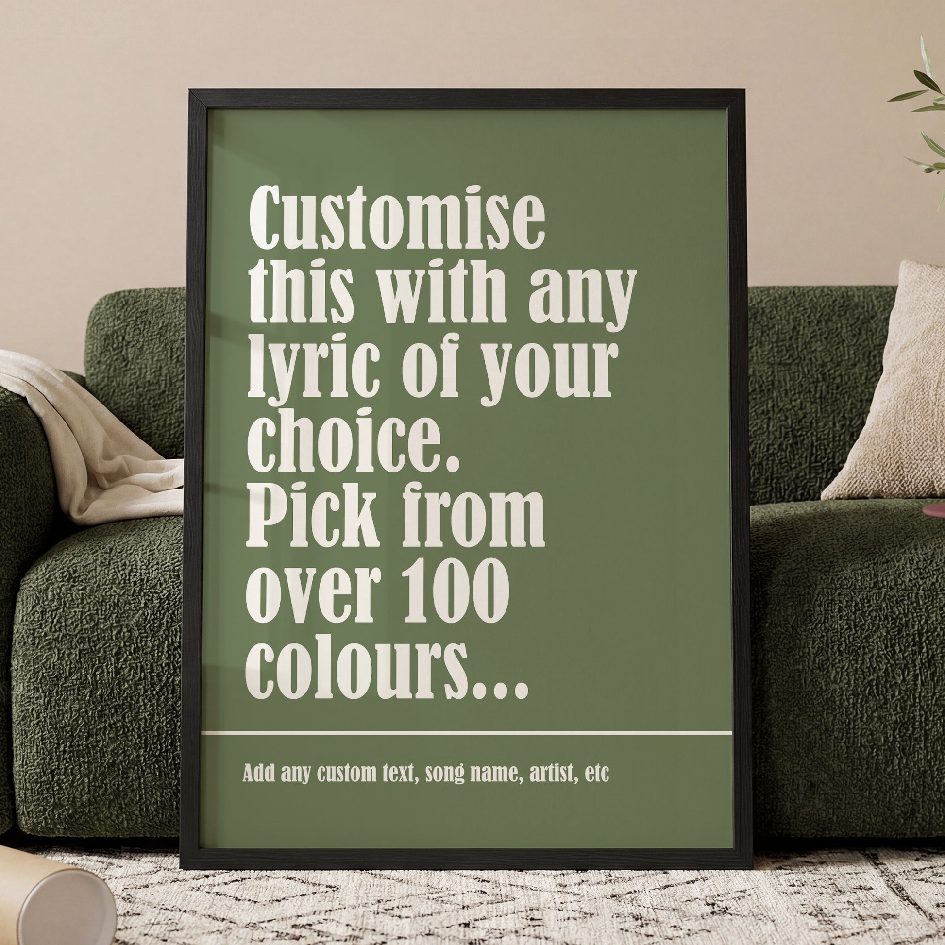 Personalised song lyric typography framed print with custom text and colours music wall art gift