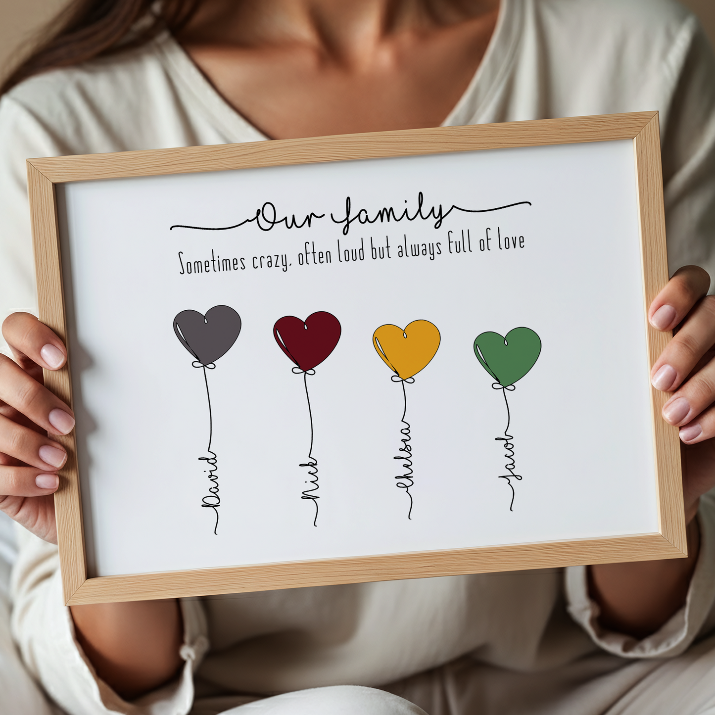 Personalised Family Names Balloon Print – Custom Family & Pet Portrait Framed Wall Art Gift