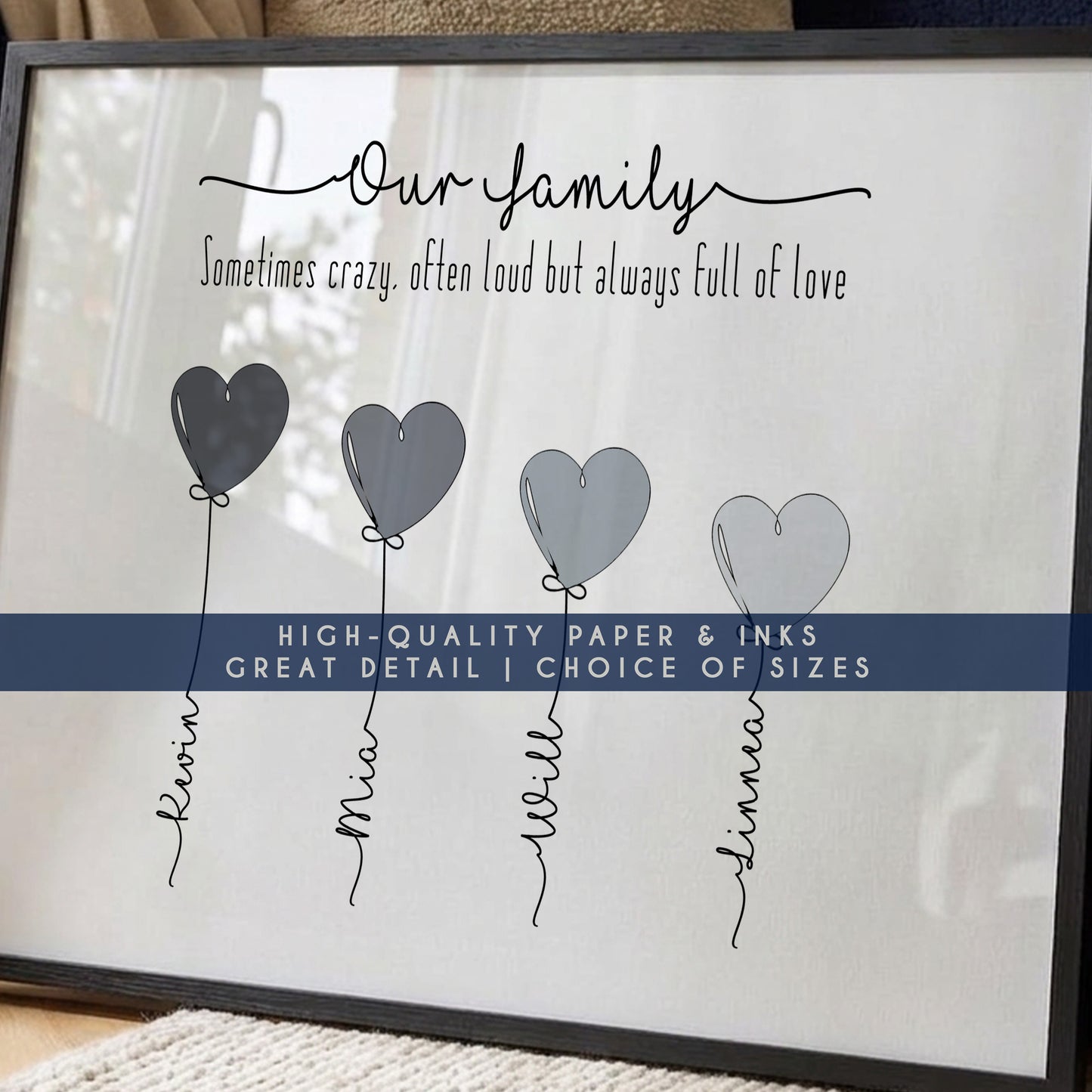Personalised Family Names Balloon Print – Custom Family & Pet Portrait Framed Wall Art Gift