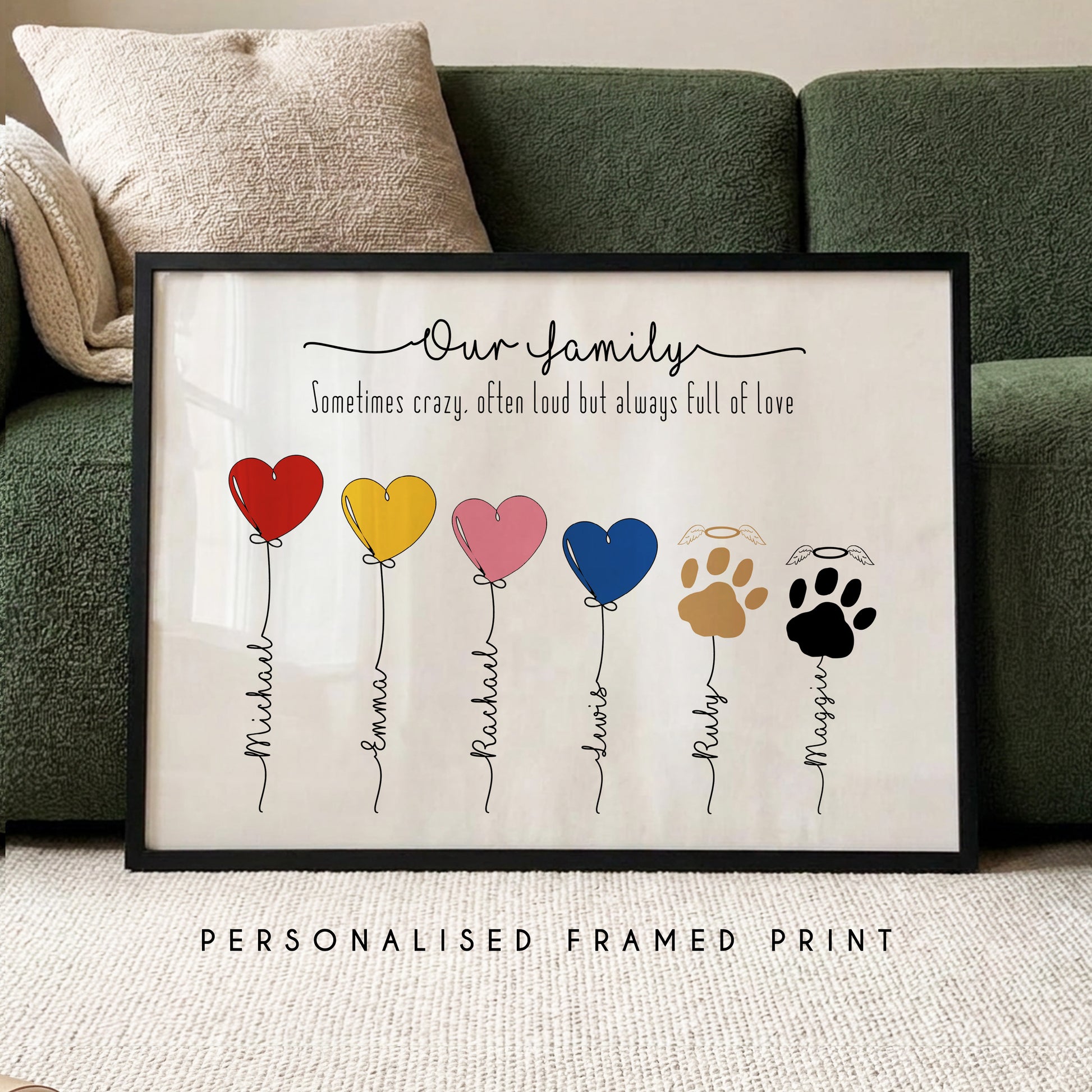 Personalised family names framed print with heart balloons and pet paw illustrations custom wall art gift