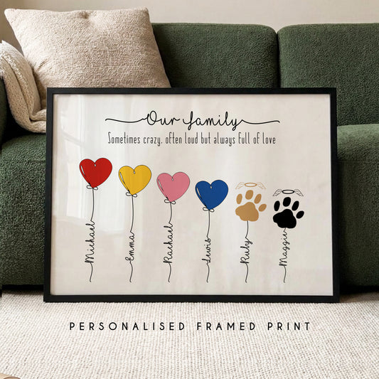Personalised family names framed print with heart balloons and pet paw illustrations custom wall art gift