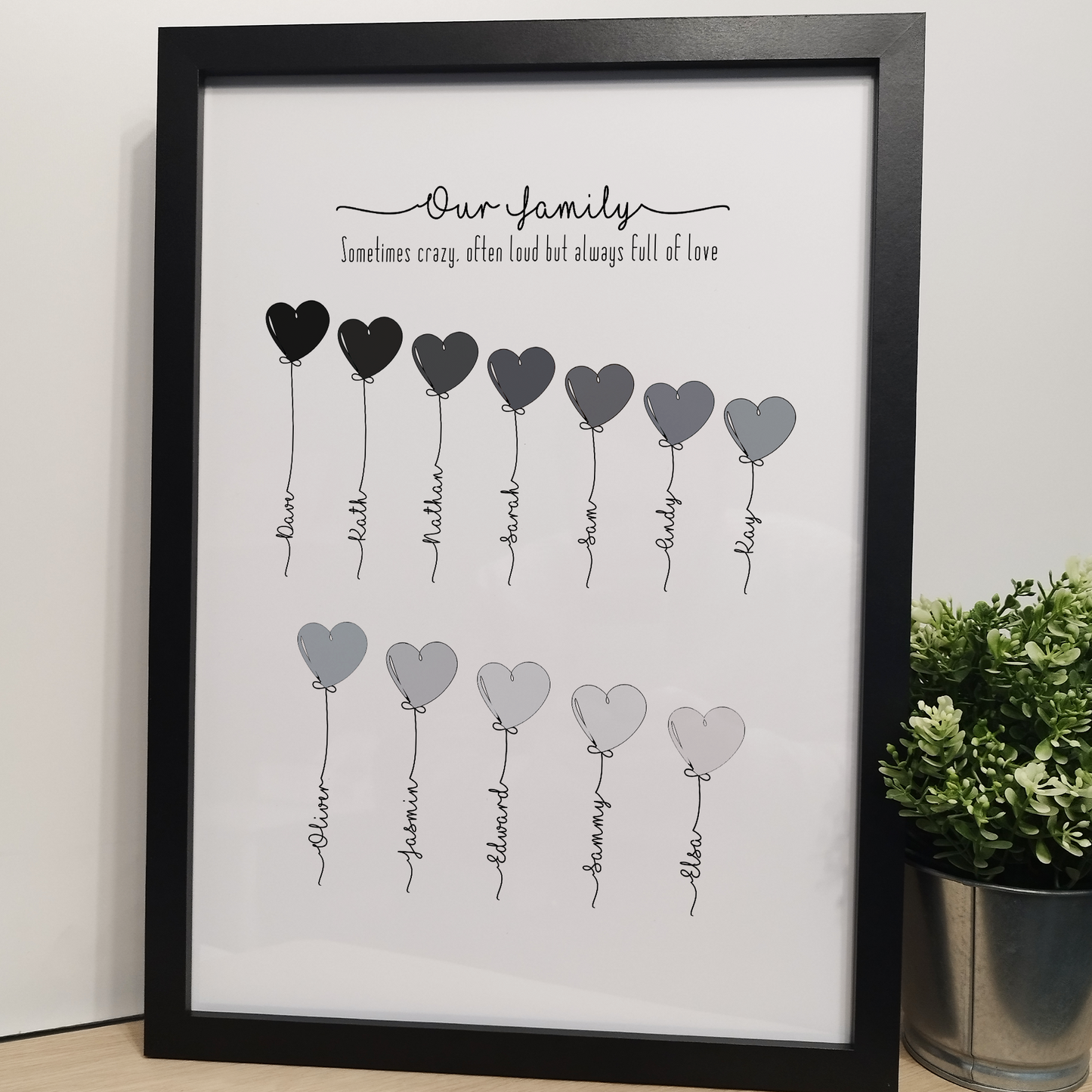 Personalised Family Names Balloon Print – Custom Family & Pet Portrait Framed Wall Art Gift