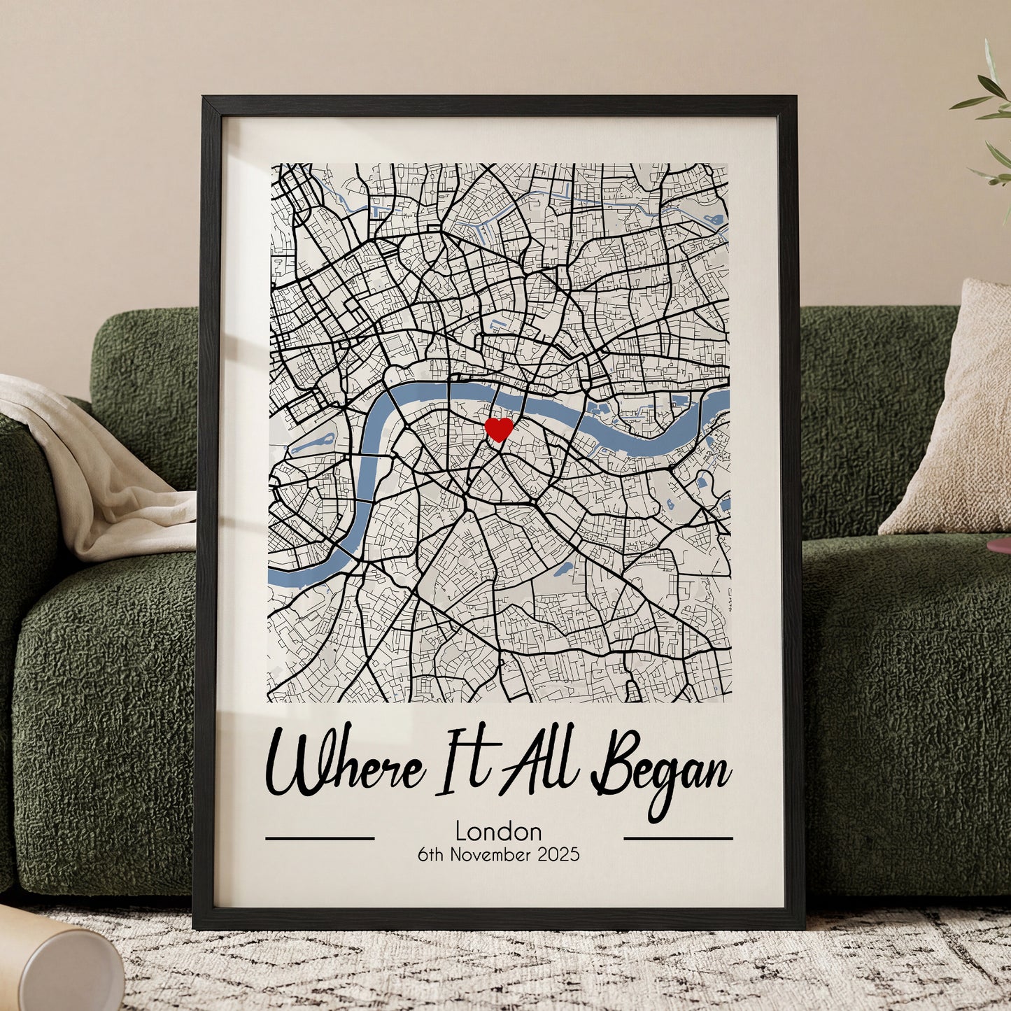 Personalised Where It All Began map print featuring custom location, heart marker and special date framed wall art gift