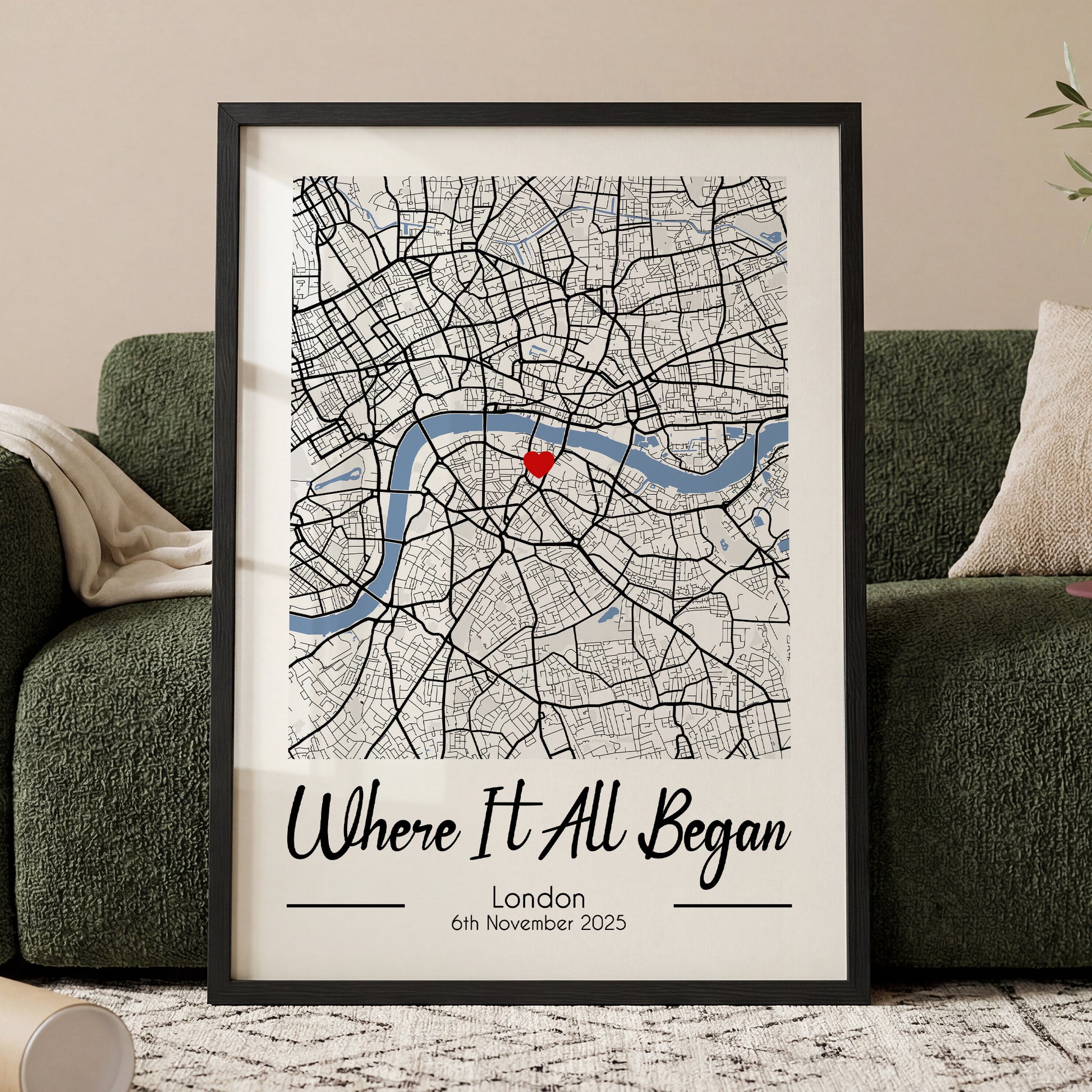 Personalised Where It All Began map print featuring custom location, heart marker and special date framed wall art gift