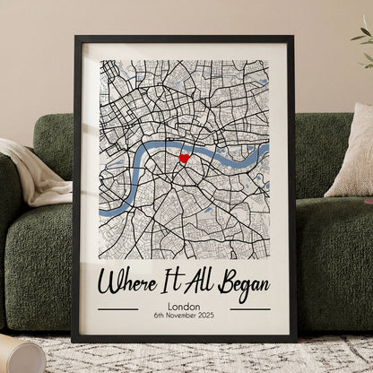 Personalised Where It All Began map print featuring custom location, heart marker and special date framed wall art gift