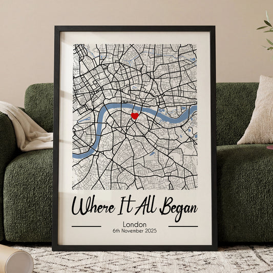 Personalised Where It All Began map print featuring custom location, heart marker and special date framed wall art gift