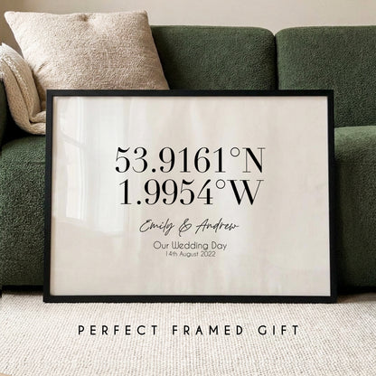 Personalised coordinates framed print with custom latitude longitude names and wedding date wall art gift