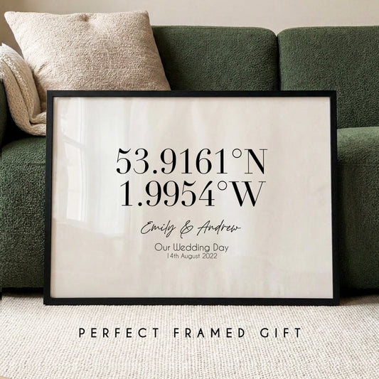 Personalised coordinates framed print with custom latitude longitude names and wedding date wall art gift