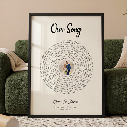 Personalised Our Song framed print with spiral song lyrics, custom photo, names and wedding date wall art gift